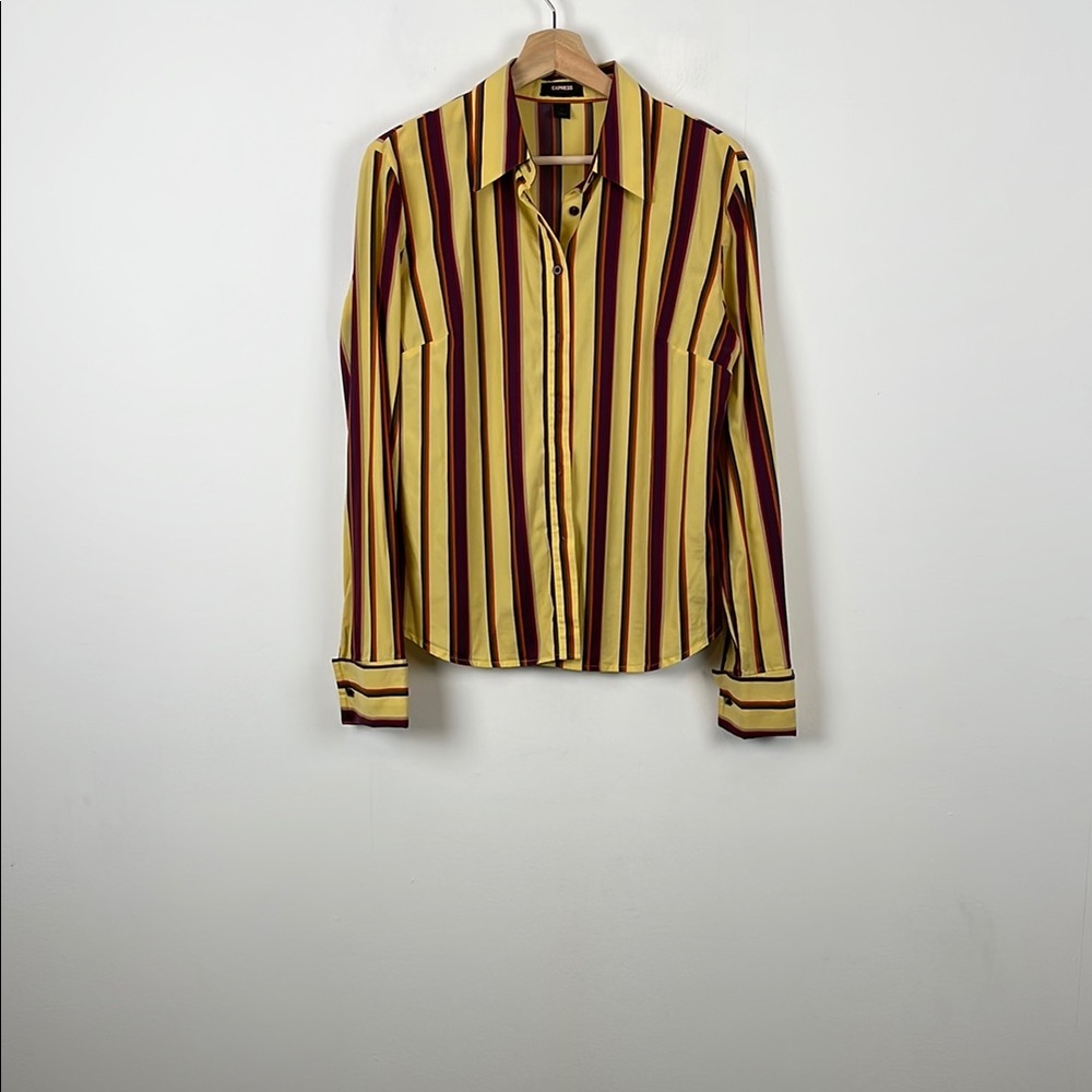 Express Large Preppy Striped Long Sleeve With Cuff Links Women's 12 Button Shirt